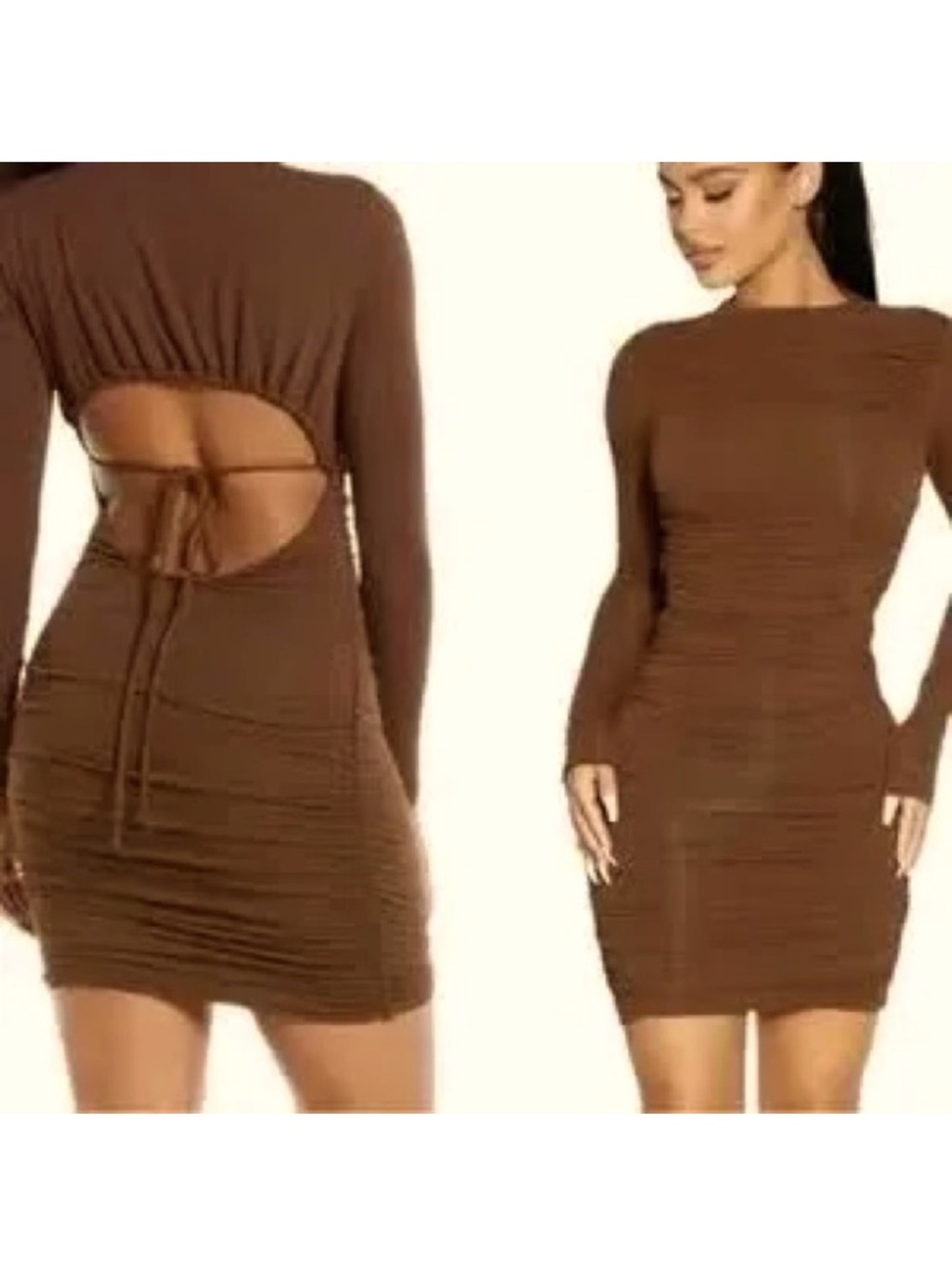 naked wardrobe Brown Long-Sleeve Backless Ruched Bodycon Dress